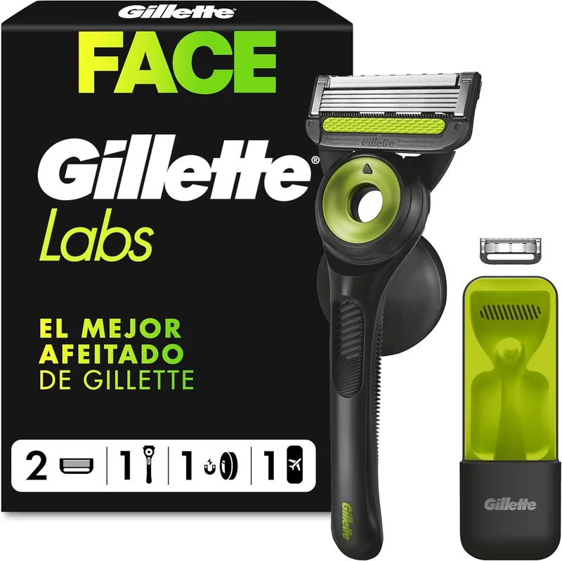 Gillette ▫️ Labs Máquina de barbear Neon Night Edition, 1 cabo de metal com barra esfoliante integrada, 2 lâminas de substituição com faixa lubrificante, 1 estojo de viagem, 1 suporte de parede