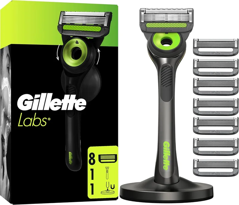 Gillette ▫️ Labs Neon Night Edition Navalha de barbear com recargas, 1 cabo com barra esfoliante integrada, 8 lâminas com fita lubrificante, 1 suporte magnético