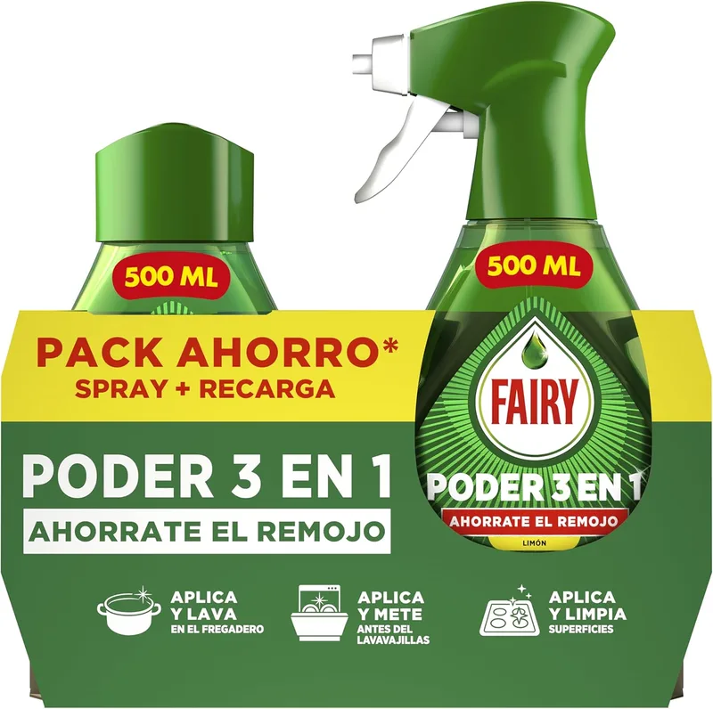 FAIRY ▫️ Spray Poder Sem Enxaguamento Pré-Tratamento Limão 2 x 500 ml | Para louça e cozinha, eficaz contra 100 % da gordura, anti-gordura, spray desengordurante, limpeza rápida e sem esforço