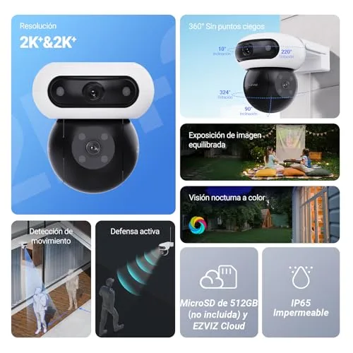 EZVIZ ▫️ Câmara de vigilância Wi-Fi exterior com lente dupla de 8 MP (4 MP + 4 MP), câmara IP de segurança de 360° com visão noturna a cores, deteção por IA de pessoas/veículos, áudio bidirecional, compatível com Alexa, à prova de água, C90 Dual 2