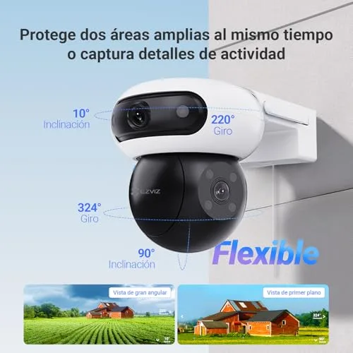 EZVIZ ▫️ Câmara de vigilância Wi-Fi exterior com lente dupla de 8 MP (4 MP + 4 MP), câmara IP de segurança de 360° com visão noturna a cores, deteção por IA de pessoas/veículos, áudio bidirecional, compatível com Alexa, à prova de água, C90 Dual 3
