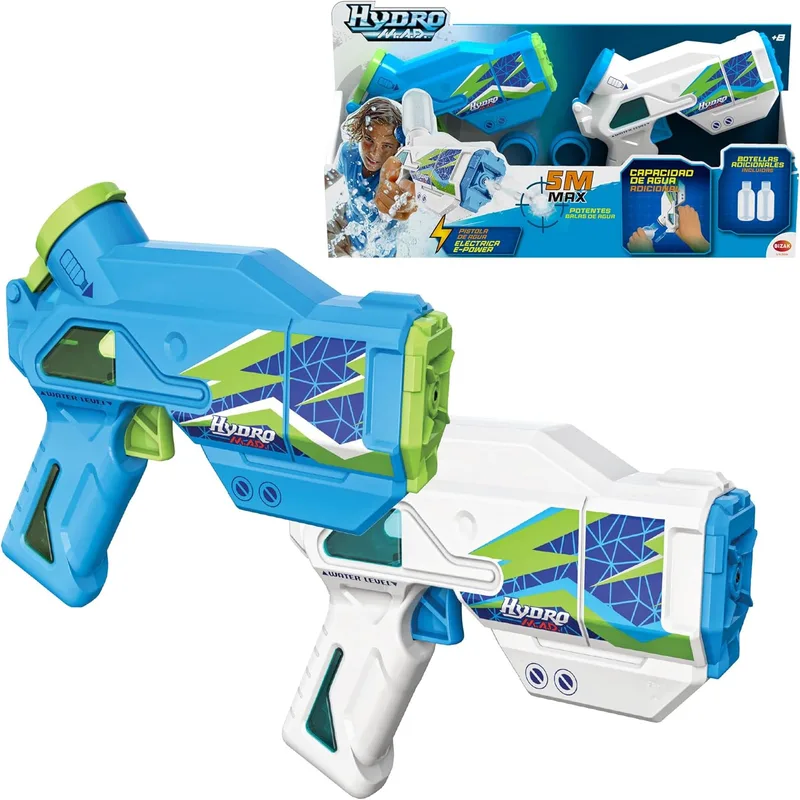 Bizak ▫️ Hydro M.A.D. Mini Blaster Pack Duplo, Pistolas de Água Electrónicas em Azul e Branco, Alcance até 5m, Brinquedo para Brincar ao Ar Livre, Rapazes e Raparigas +8 Anos, (62001154)