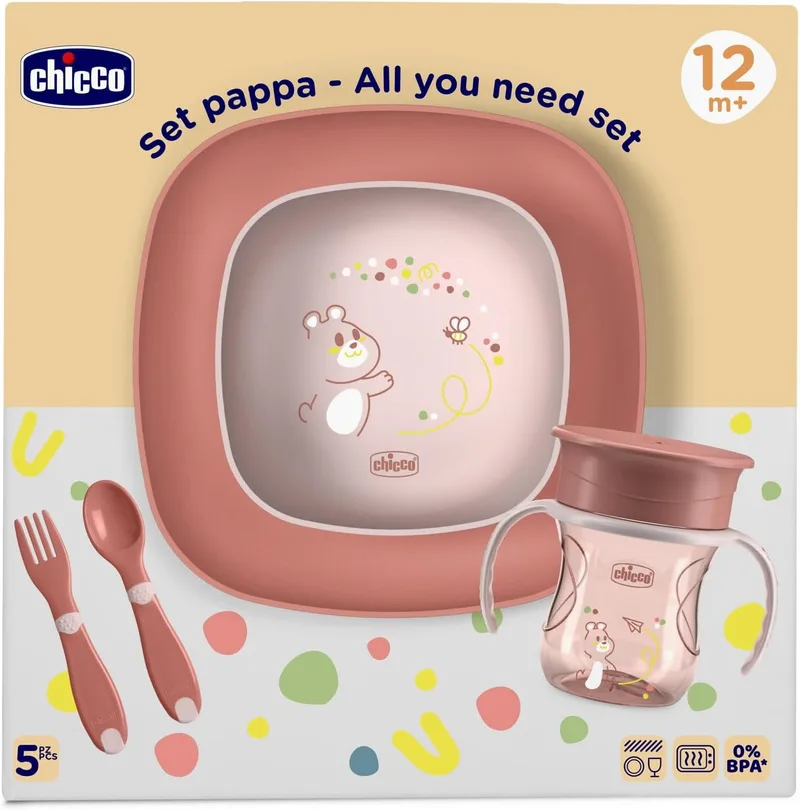 Conjunto de talheres para bebé Chicco, contém 1 chávena, conjunto de 1 taça e 1 prato e talheres, garfo e colher, conjunto de desmame para crianças, 12M+, cor-de-rosa