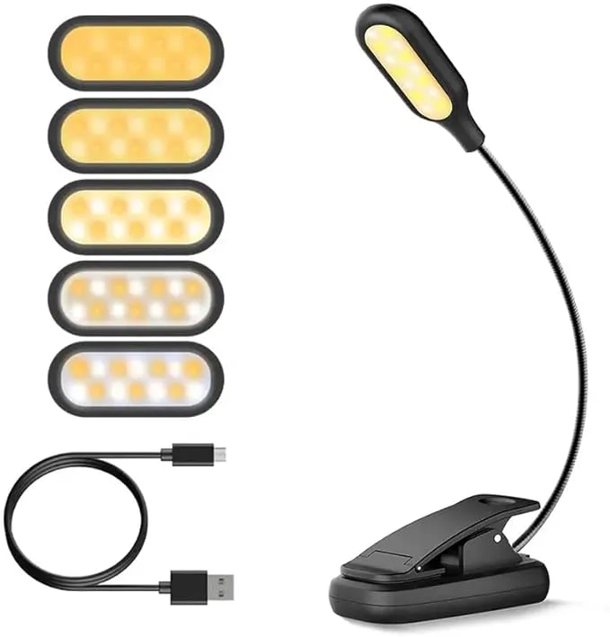 Genérico ▫️ Luz de leitura, 14 LED, 5 cores de luz, 4 níveis de regulação de intensidade, sem luz azul, pinça, braço flexível de 360°, recarregável via USB, até 150 horas de utilização, fácil de transportar, leve. (Vertical)