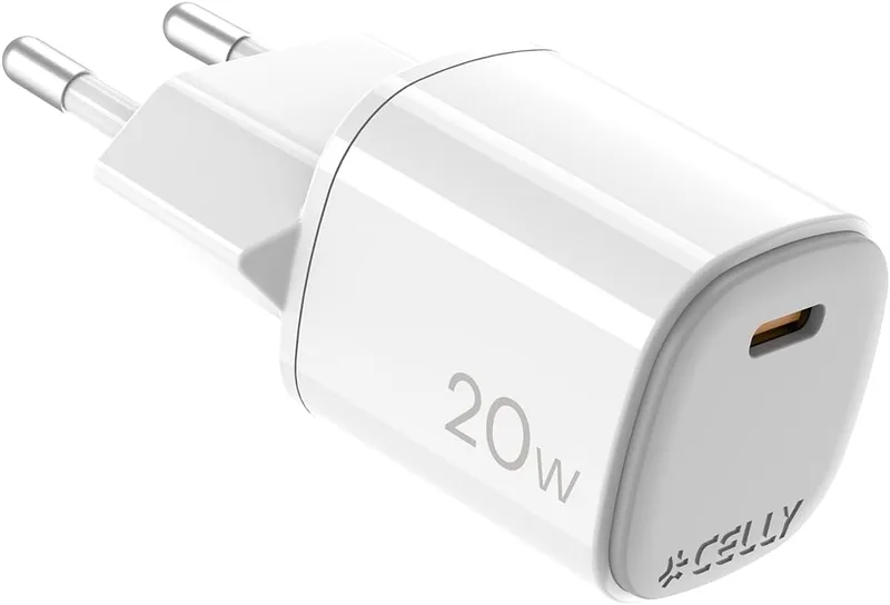 Celly ▫️ Carregador USB-C 20W GAN - Carregamento rápido Power Delivery, compacto para viagens, branco