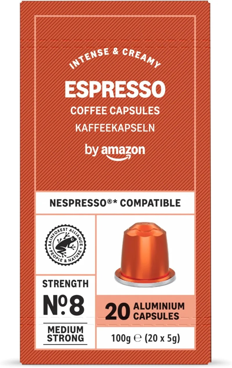 by Amazon ▫️ da Amazon: Cápsulas de café expresso em alumínio compatíveis com Nespresso, torra clara, 20 unidades, certificadas pela Rainforest Alliance