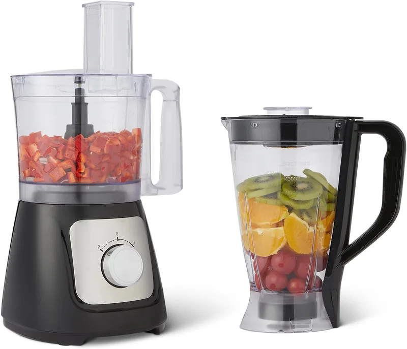 Amazon Basics ▫️ Combinação de processador de alimentos e batedeira com 2 velocidades, taça de 2,4 litros e jarro de 1,5 litros, 800 W, preto