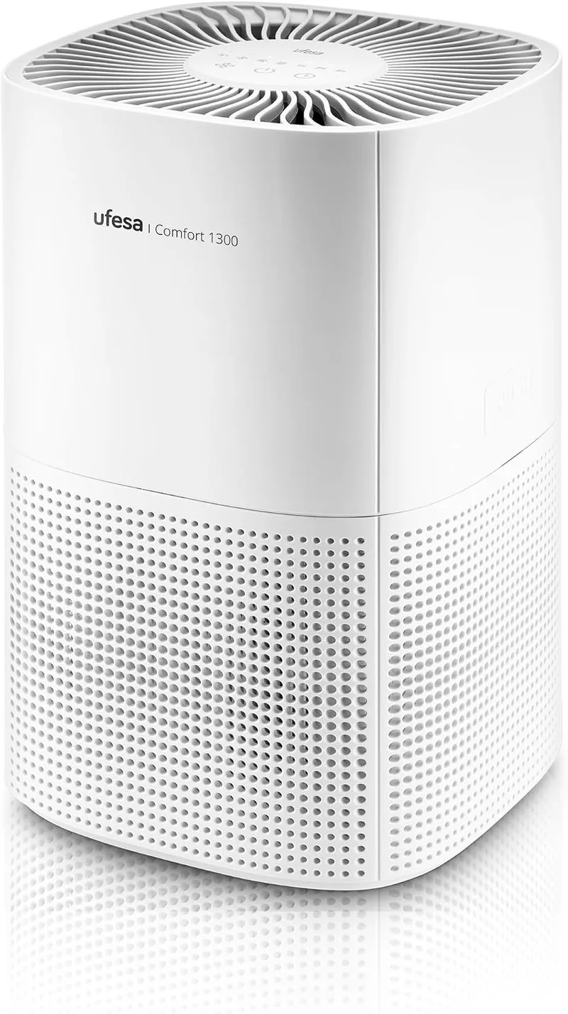 Ufesa ▫️ Comfort 1300 Purificador de ar com filtro HEPA, potência de 15 W, taxa de purificação de ar (CADR) de 130 m³/h, cobertura até 55 m², 3 velocidades, silencioso ≤55 dB, branco