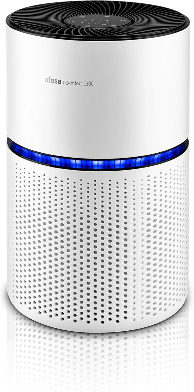 Ufesa ▫️ Purificador de ar Comfort Air 2200 com filtro HEPA de 3 camadas e taxa de purificação do ar CADR 220m³/h, cobertura ≤90 m², 4 velocidades, silencioso ≤55dB, temporizador 5-24h, branco