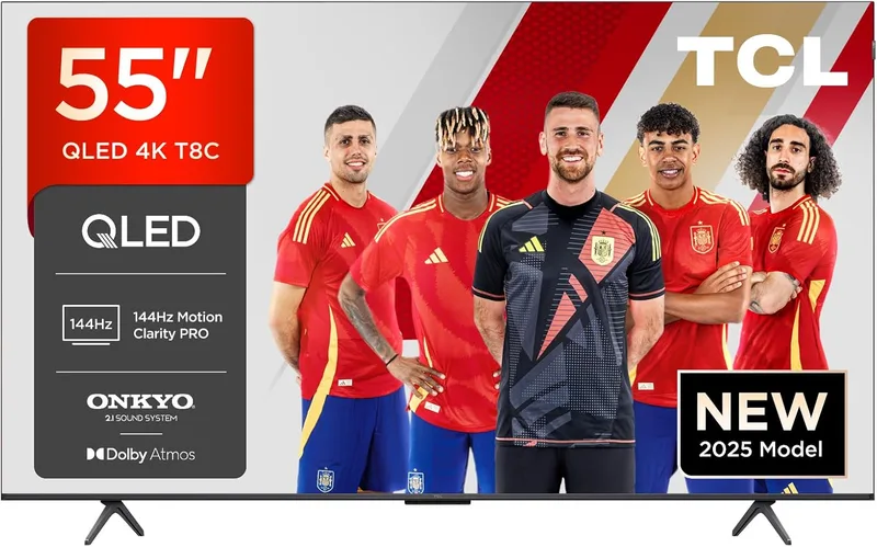 TCL ▫️ 55T8C, 55'' QLED TV, 4K 144Hz UHD TV, Smart TV com tecnologia Google TV (Dolby Vision & Atmos, Motion Clarity Pro, FreeSync, som Onkyo 2.0, controlo por voz)