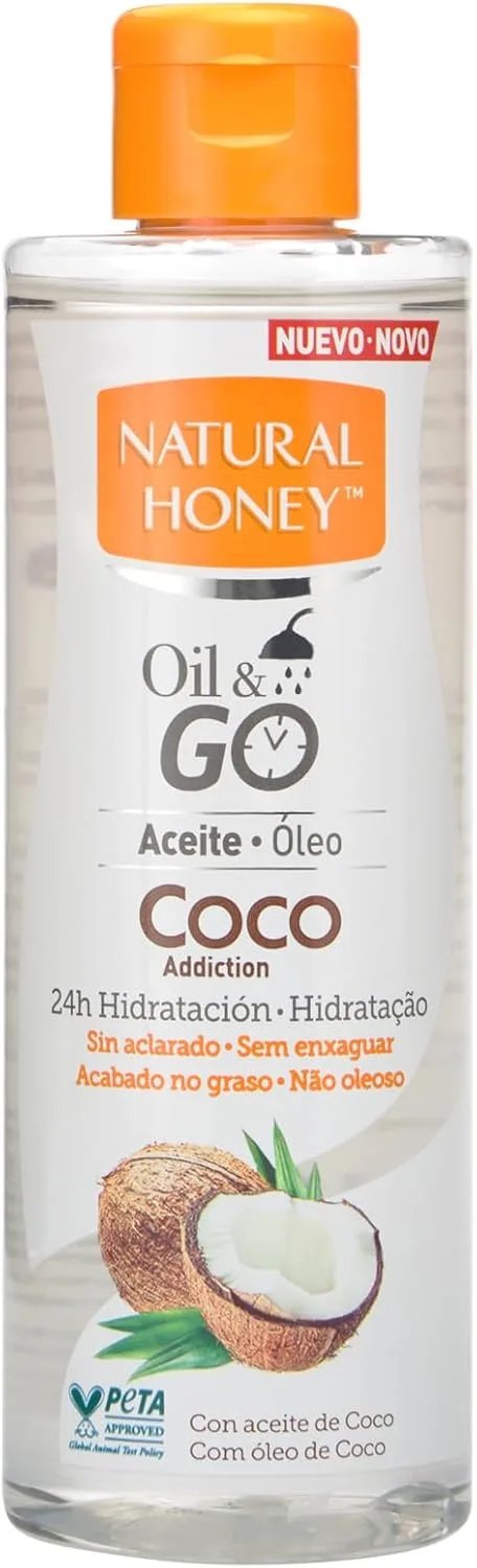 Natural Honey ▫️ Oil & Go Coconut Addiction, Óleo de Duche Sem Enxaguamento com Óleo de Coco, Hidratação 24H com Aroma Tropical, Absorção Rápida, Acabamento Não Oleoso, Nutritivo e Revitalizante, 250 ml