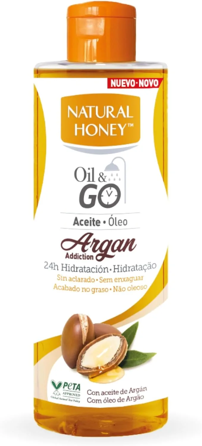 Natural Honey ▫️ Oil & Go Óleo de Duche Sem Enxaguamento com Argão Natural, Hidratação Profunda 24H, Absorção Rápida, Acabamento Não Oleoso, Firmeza, Nutrição e Revitalização, 250 ml