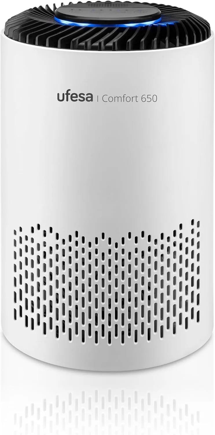 Ufesa ▫️ Purificador de Ar Comfort Air 650 com Filtro HEPA, Taxa de Purificação CADR 65m³/h, Cobertura ≤10 m², 3 Velocidades, Silencioso ≤55dB, Temporizador 4-8h, Função Aromaterapia, Branco