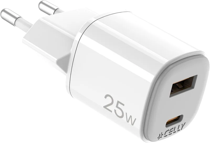 Celly ▫️ UPTC1USB1USBC25 Peça Carregador e dispositivo de comunicação móvel branco e cinzento
