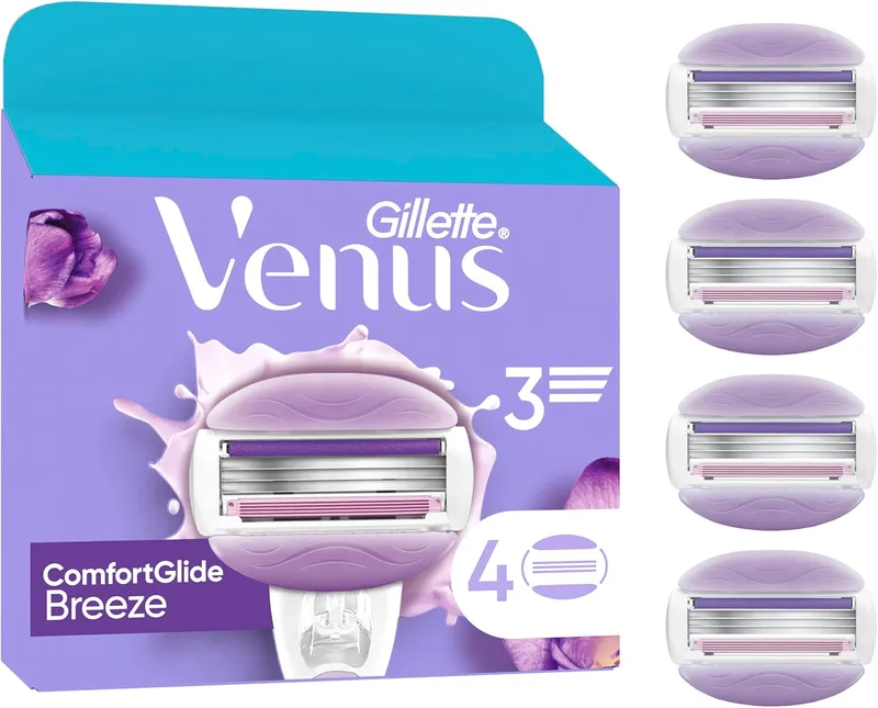 Gillette Venus ▫️ Lâminas ComfortGlide Breeze, lâminas de substituição, 4 recargas, pega metálica e suporte de duche