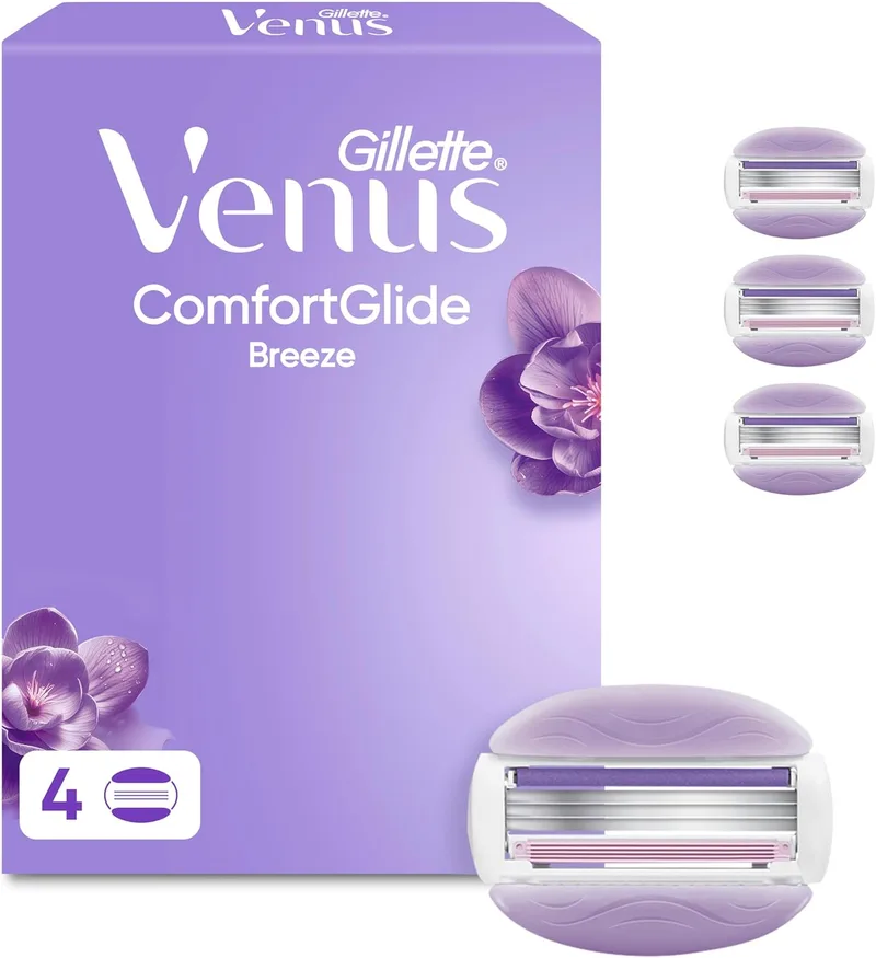 Gillette Venus ▫️ Lâminas de barbear Comfortglide Breeze para mulher, embalagem de 4 | Recargas para máquina de barbear feminina com 3 lâminas, para uma depilação suave, precisa e duradoura