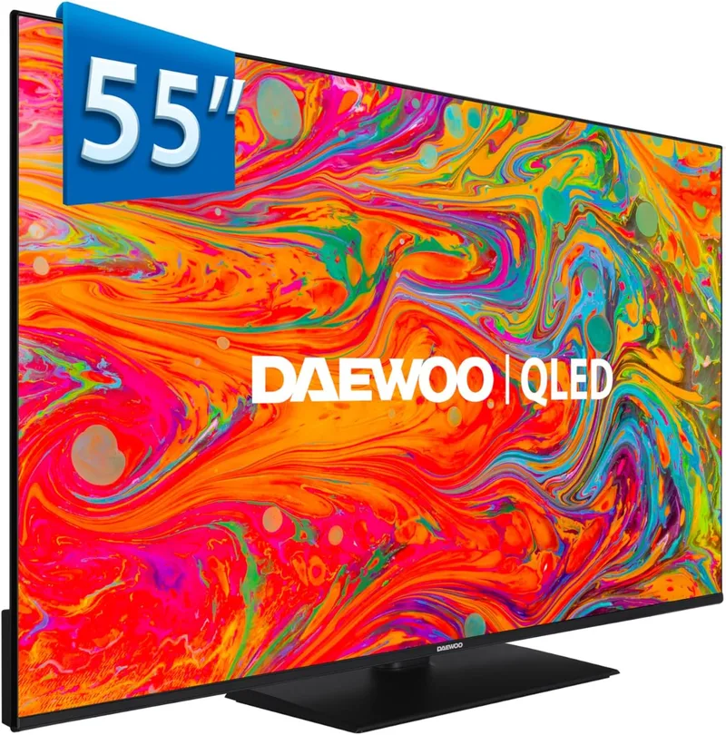 Daewoo ▫️ 55DM65QV 2025 55" - QLED Smart TV 4K HDR 3840 x 2160, Dolby Vision, Dolby Audio, Suporte central, Design sem moldura