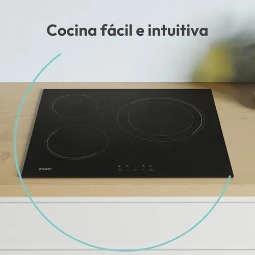 CANDY ▫️ CH63DCC Placa vitrocerâmica de 60 cm, 3 zonas de cozedura, zona dupla para paella de 28 cm, controlo tátil, 9 níveis de potência, sistema de segurança, cor preta 3