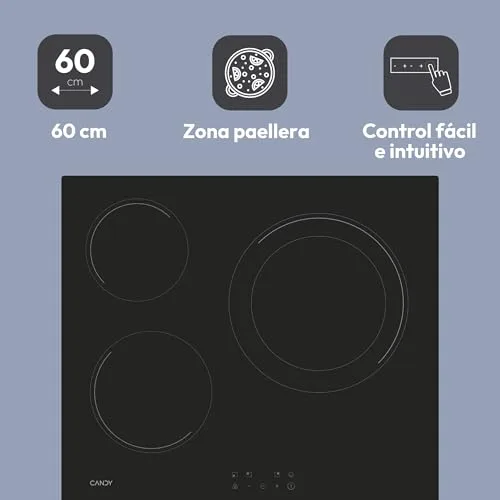 CANDY ▫️ CH63DCC Placa vitrocerâmica de 60 cm, 3 zonas de cozedura, zona dupla para paella de 28 cm, controlo tátil, 9 níveis de potência, sistema de segurança, cor preta 4