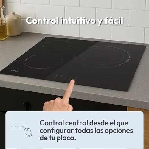 CANDY ▫️ CH63DCC Placa vitrocerâmica de 60 cm, 3 zonas de cozedura, zona dupla para paella de 28 cm, controlo tátil, 9 níveis de potência, sistema de segurança, cor preta 5