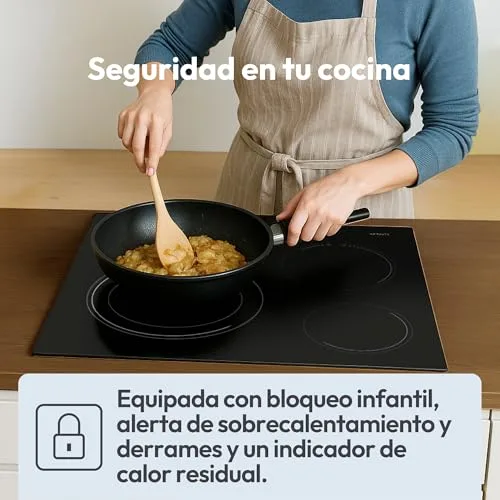 CANDY ▫️ CH63DCC Placa vitrocerâmica de 60 cm, 3 zonas de cozedura, zona dupla para paella de 28 cm, controlo tátil, 9 níveis de potência, sistema de segurança, cor preta 6