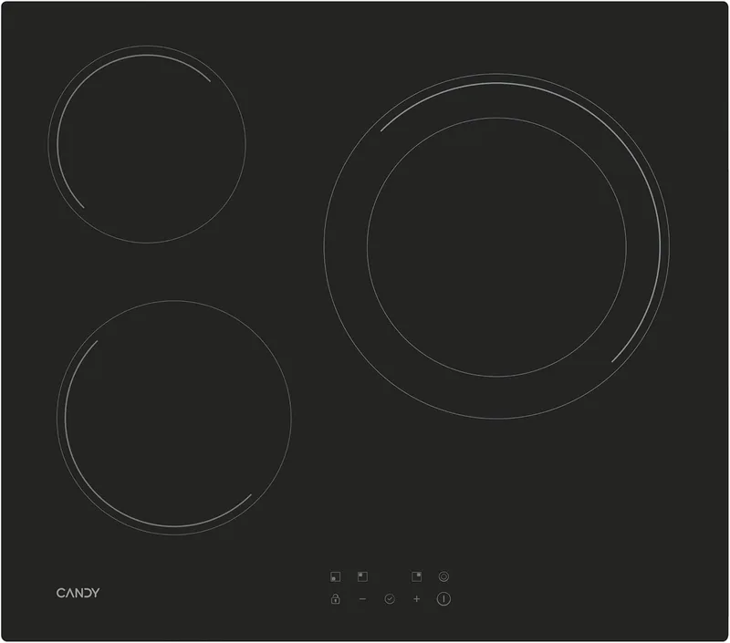 CANDY ▫️ CH63DCC Placa vitrocerâmica de 60 cm, 3 zonas de cozedura, zona dupla para paella de 28 cm, controlo tátil, 9 níveis de potência, sistema de segurança, cor preta