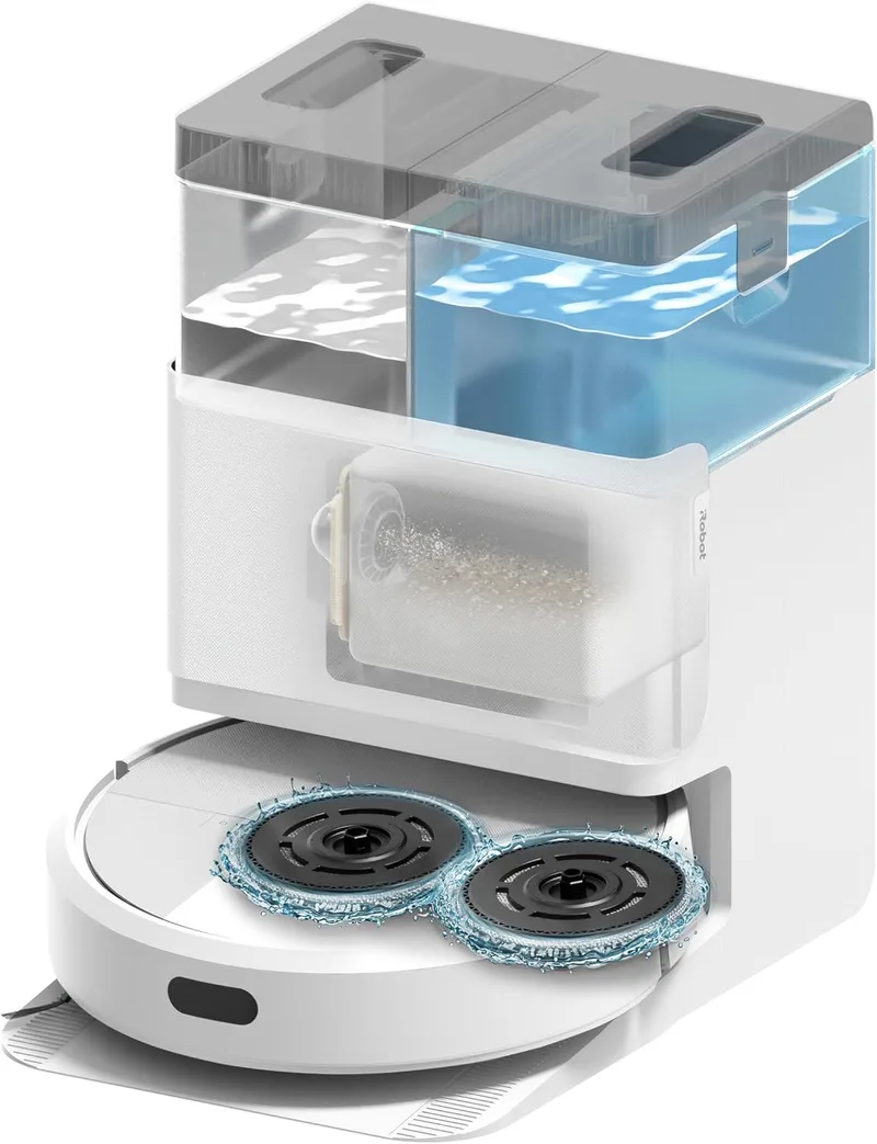 iRobot ▫️ Roomba Plus 405 Combo com base AutoWash multifunções e autolimpante, lavagem e secagem das esfregonas DualClean eleváveis, Clearview LiDAR, 75 dias de esvaziamento automático, dupla esfregagem com SmartScrub, App_B