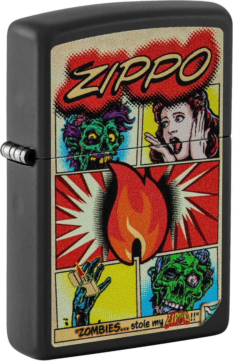Zippo ▫️ Isqueiro à prova de vento - Preto Mate, Imagem a cores - Recarregável - Reutilizável - Design à prova de vento - Embalagem de presente - Fabricado nos Estados Unidos