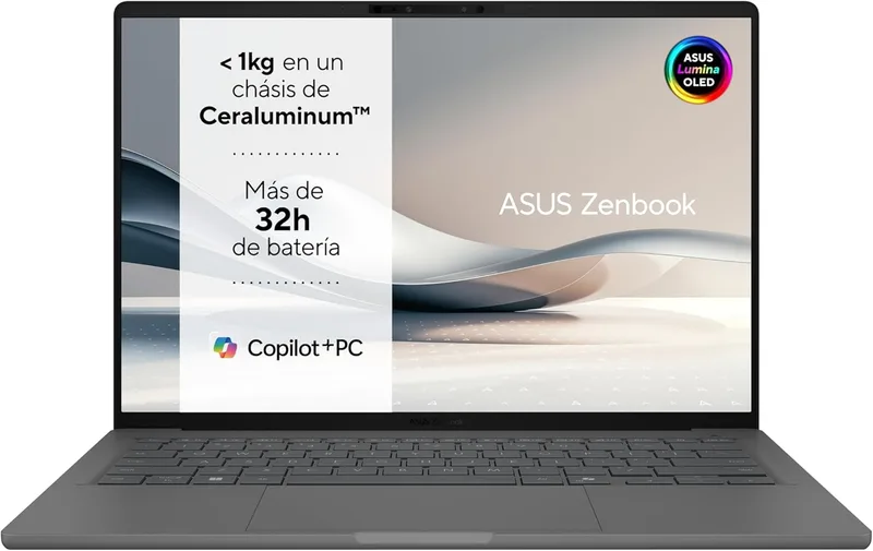 ASUS ▫️ Zenbook A14 OLED UX3407QA-QD349W Copilot+ PC - Portátil WUXGA de 14" (Qualcomm Snapdragon X1-26-100, 16GB RAM, 1TB SSD, Qualcomm Adreno GPU, Windows 11 Home) Cinzento Islândia - Tec. QWERTY