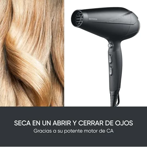 Severin ▫️ Secador de cabelo de alto desempenho com motor CA e tecnologia iônica, Secador de cabelo com difusor e concentrador removíveis, Potência de 2 300 W, Preto, HT 0167 2