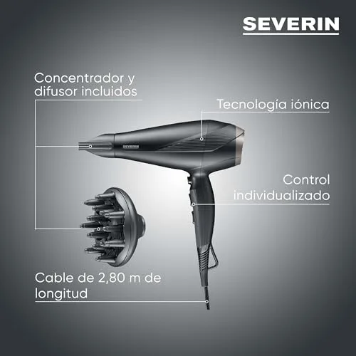 Severin ▫️ Secador de cabelo de alto desempenho com motor CA e tecnologia iônica, Secador de cabelo com difusor e concentrador removíveis, Potência de 2 300 W, Preto, HT 0167 7