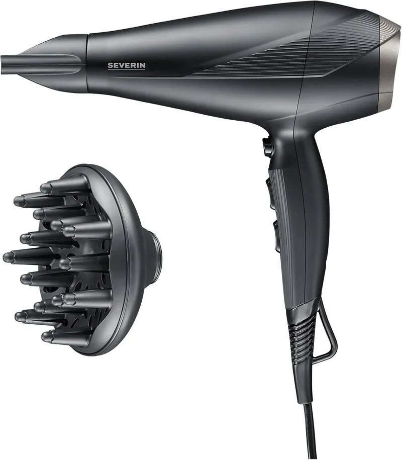 Severin ▫️ Secador de cabelo de alto desempenho com motor CA e tecnologia iônica, Secador de cabelo com difusor e concentrador removíveis, Potência de 2 300 W, Preto, HT 0167
