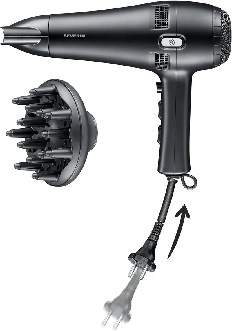 Severin ▫️ Secador de cabelo secador potente, enrolador automático do cabo com um simples toque num botão, com botão de ar frio, dois acessórios adicionais, 2100 W, preto, HT 0165