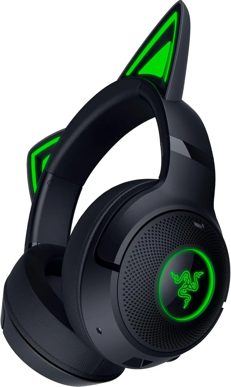 Razer ▫️ Kraken Kitty V2 BT - Auscultadores sem fios Bluetooth RGB com orelhas de gatinho para jogos e transmissão (325 g, 40 mm Triforce, Bluetooth 5.2, microfones com cancelamento de ruído) Preto