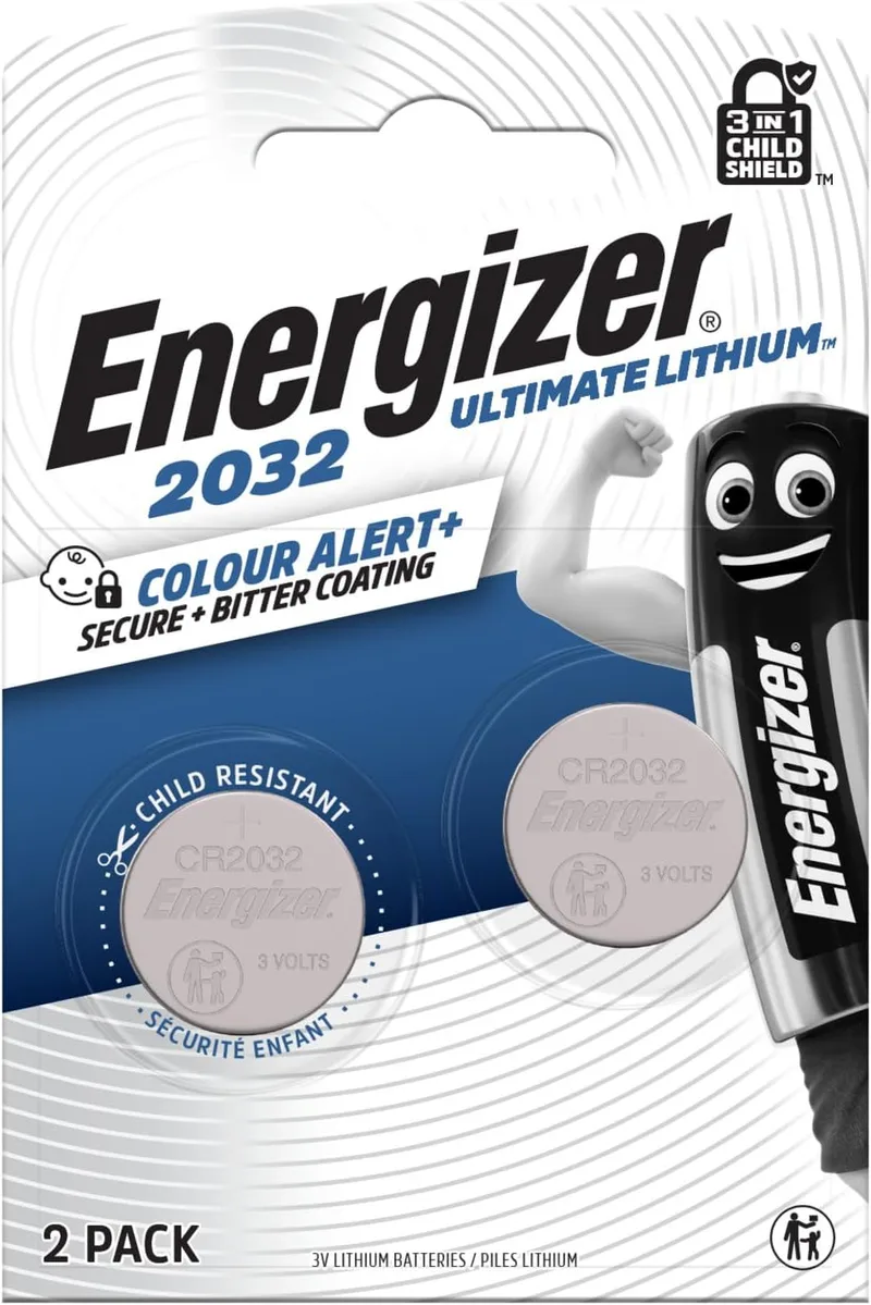Energizer ▫️ Pilhas CR2032 (embalagem de 2) - Pilhas de lítio de botão de 3V - A primeira pilha 3 em 1 para proteção das crianças - Tecnologia de alerta de cor - 10 anos de vida útil