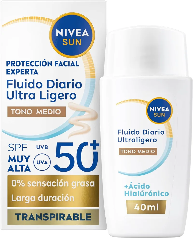 NIVEA SUN ▫️ Fluido Diário com Cor FPS 50+ 40 ml, protetor solar facial com ácido hialurónico, licocalcón A e niacinamida, creme solar facial ultraleve, proteção solar com efeito mate, tom médio