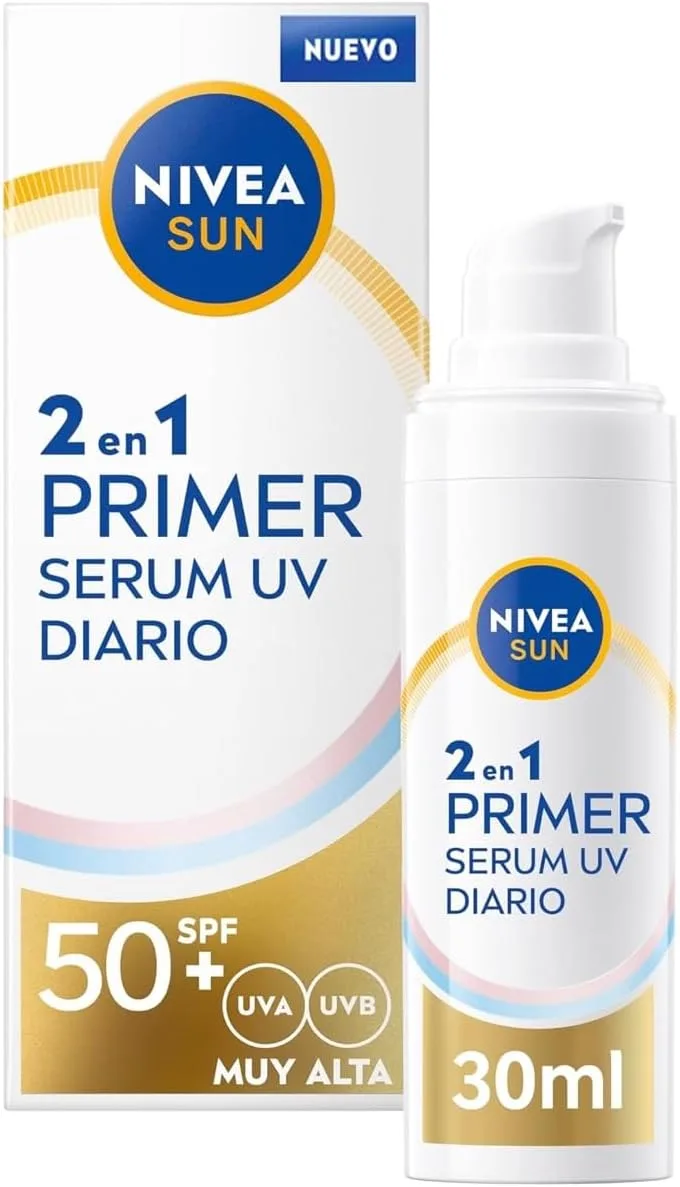 NIVEA SUN ▫️ Primer Daily UV Serum 2 em 1, sérum facial com proteção solar SPF 50+, protetor solar facial que protege e suaviza a pele, creme solar com Ácido Hialurónico e Licochalcone A, 1 x 30 ml