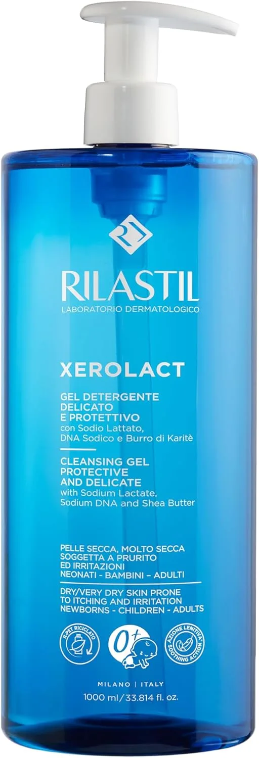 Rilastil ▫️ Xerolact Gel de Limpeza Reparador, 1000 ml, para peles secas e muito secas, com Lactato de Sódio e Manteiga de Karité
