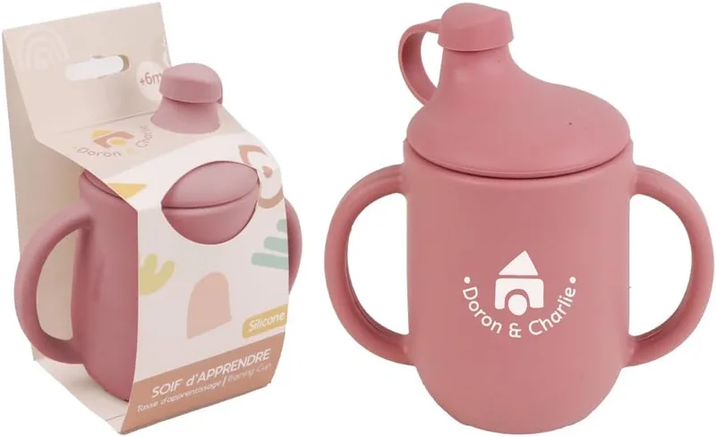 DORON & CHARLIE ▫️ Chávena pedagógica - Comida para bebé - 056740 - Rosa - Silicone - 150 ml - Micro-ondas - Lavável à máquina - Fácil de limpar - Chávena para bebé - a partir dos 4 meses