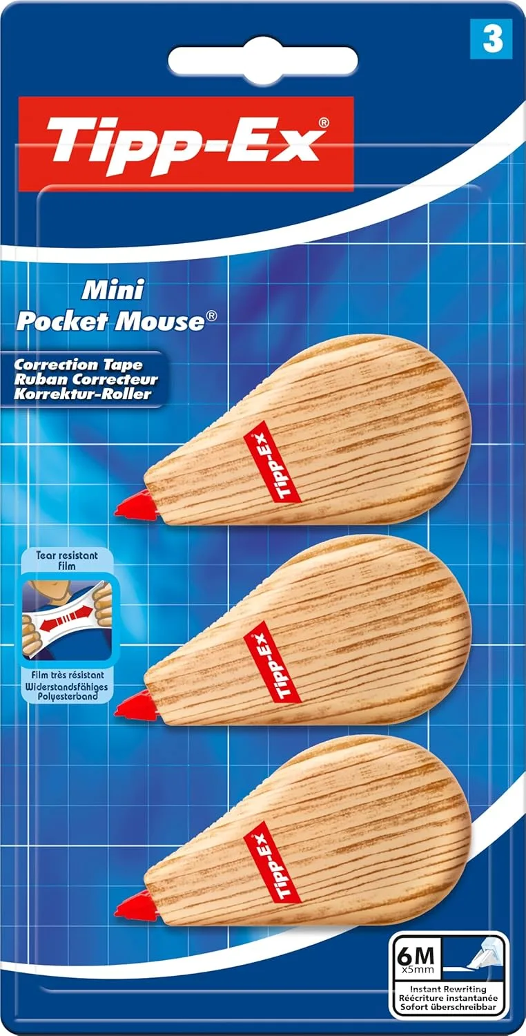 Tipp-Ex ▫️ Mini Pocket Mouse Corretion Tape - Ideal para material escolar - 6 m x 5 mm, Embalagem de 3, Cor de madeira