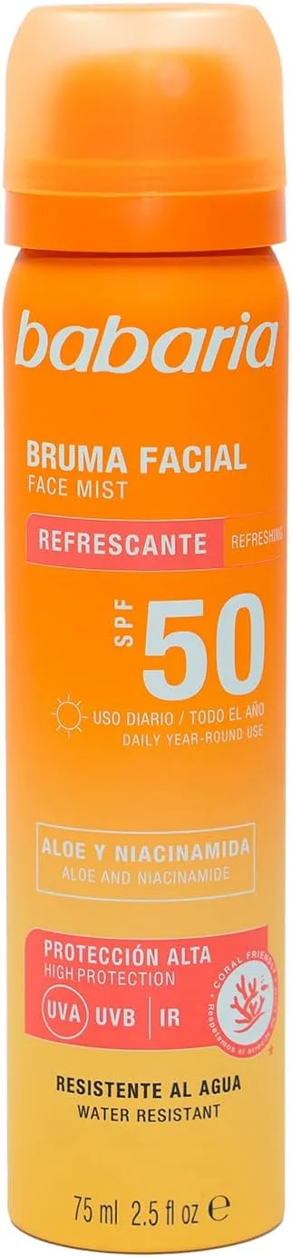 Babaria ▫️ Bruma Facial SPF50+ 75 ml – Protetor solar 50 | Protetor solar em spray com aloé vera e niacinamida - Resistente à água - Perfeito para levar na mala