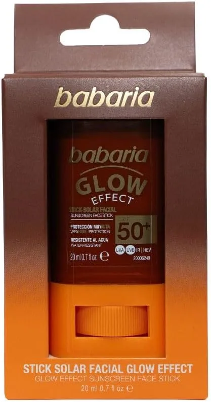 Babaria ▫️ Glow Effect Stick Solar Facial FPS 50+ 20 ml – Efeito luminoso com Monoï do Taiti, niacinamida e manteiga de karité – Resistente à água