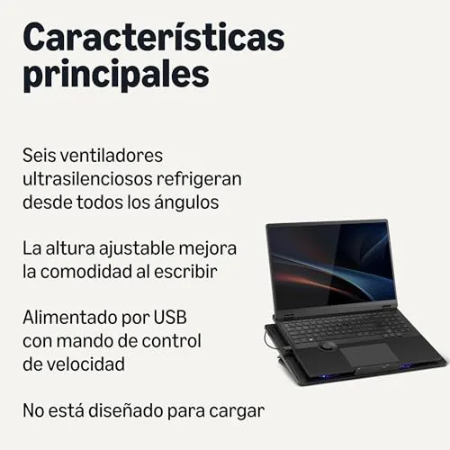 Amazon Basics ▫️ Suporte de refrigeração para computador portátil com 6 ventoinhas silenciosas, para computadores portáteis de 12 a 17 polegadas, com portas USB-A e USB-C, altura ajustável 2