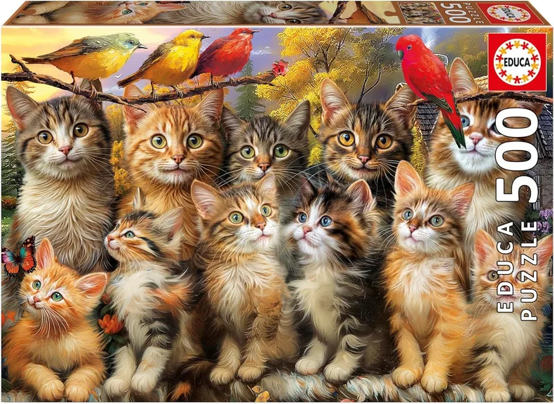 Educa ▫️ Puzzle 500 Peças para Adultos : Gatinhos e Pássaros. Inclui cola para fixar o puzzle. Tamanho: 48 x 34 cm. A partir dos 11 anos (20241)