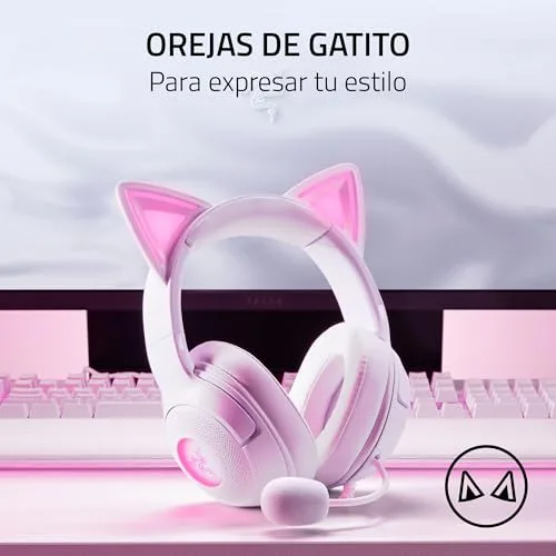 Razer ▫️ Kraken Kitty V2 - Auscultadores RGB com fio e orelhas de gatinho para jogos e streaming (325 g, transdutores Triforce de 40 mm, microfone cardioide HyperClear, som envolvente) Branco 2