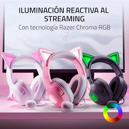 Razer ▫️ Kraken Kitty V2 - Auscultadores RGB com fio e orelhas de gatinho para jogos e streaming (325 g, transdutores Triforce de 40 mm, microfone cardioide HyperClear, som envolvente) Branco 3