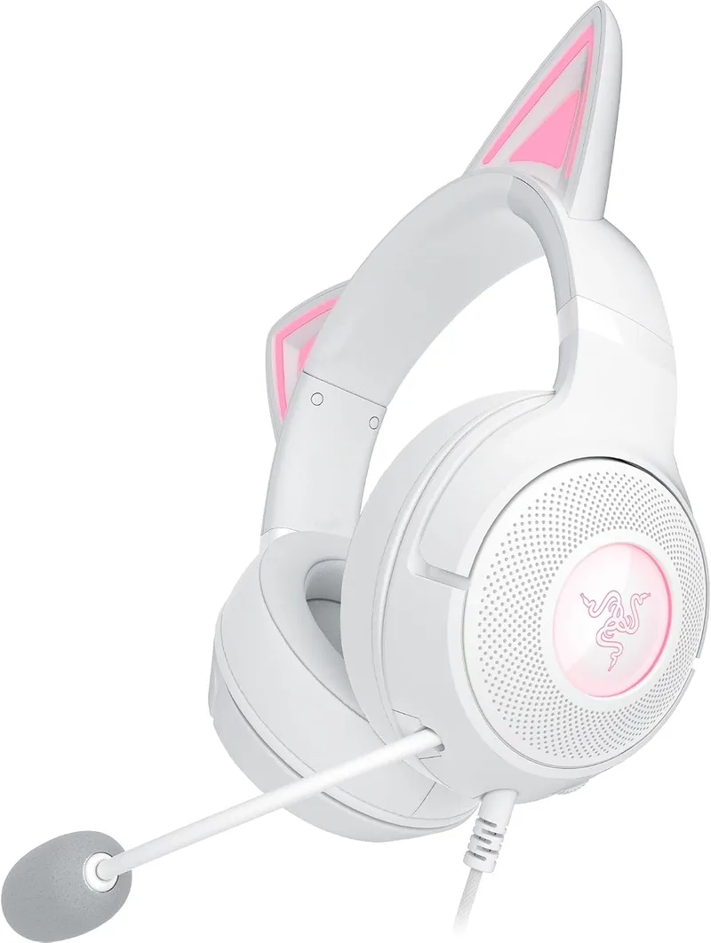 Razer ▫️ Kraken Kitty V2 - Auscultadores RGB com fio e orelhas de gatinho para jogos e streaming (325 g, transdutores Triforce de 40 mm, microfone cardioide HyperClear, som envolvente) Branco