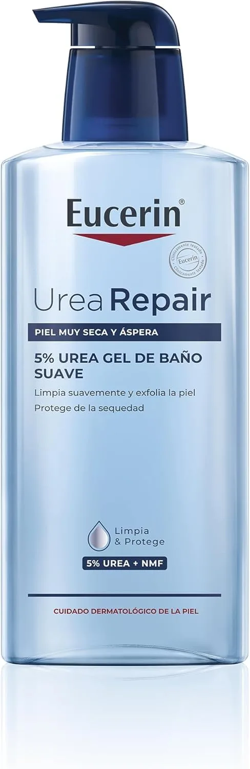 Eucerin ▫️ UreaRepair 5 % Gel de Banho Suave com Ureia (400 ml), produto de limpeza hidratante e esfoliante para o rosto e o corpo, que proporciona um alívio imediato; espuma de limpeza para pele seca e muito seca