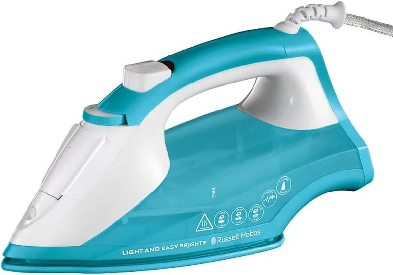 Russell Hobbs ▫️ Ferro a vapor 2400 W, jato de vapor de 115 g/min, Light&Easy Brights Aqua, placa de cerâmica com amaciador, vapor automático, depósito de 240 ml, sistema anticalcário e antigotejamento, vapor de 35 g/min