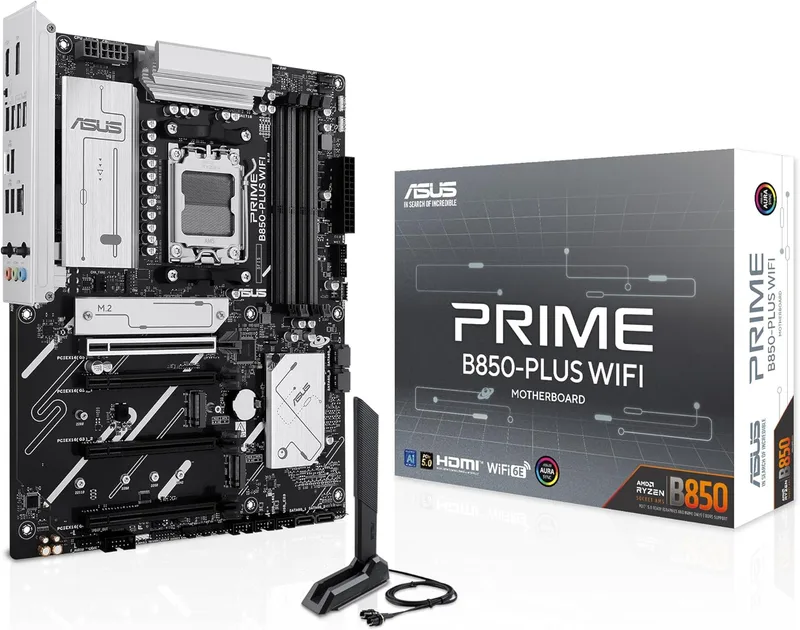 ASUS ▫️ PRIME B850-PLUS WIFI - Placa-mãe AMD B850 ATX, DDR5, PCIe 5.0 Ready, três ranhuras M.2, Wi-Fi 6E, Realtek 2.5Gb Ethernet, DisplayPort, HDMI, USB 10 Gbps Tipo A e Tipo C, BIOS FlashBack, Aura Sync